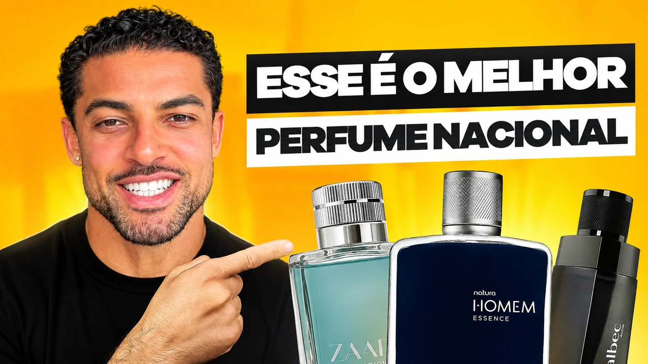 Apresentador aponta para três perfumes. Esse é o melhor perfume nacional.