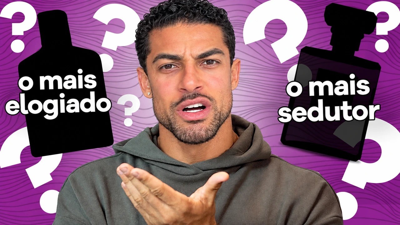 Apresentador entre duas silhuetas de perfumes em fundo roxo. O mais elogiado e o mais sedutor.